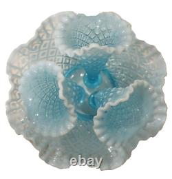 Vintage Large Fenton Diamond Lace Sea Blue Opalescent Flower Epergne
