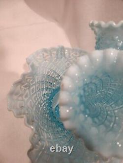 Vintage Large Fenton Diamond Lace Sea Blue Opalescent Flower Epergne