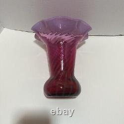 Vintage Maybe FENTON Cranberry Swirl Wheat Vase Red White Opalescent Ruffled
