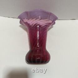 Vintage Maybe FENTON Cranberry Swirl Wheat Vase Red White Opalescent Ruffled