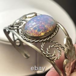 Vintage Mexico Art Glass Faux OPAL Foil Opalescent Alpaca Silver Cuff Bracelet