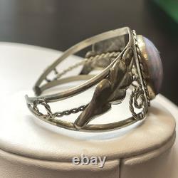 Vintage Mexico Art Glass Faux OPAL Foil Opalescent Alpaca Silver Cuff Bracelet