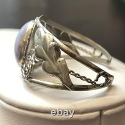 Vintage Mexico Art Glass Faux OPAL Foil Opalescent Alpaca Silver Cuff Bracelet