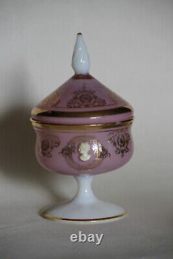 Vintage Mid-Century Italian Pink Opaline Footed Candy Box with Cameo 20cm 7.87in