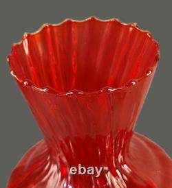 Vintage Mid-Century Modern Italian Red Opaline Ruffled Top Art Glass Vase 16'