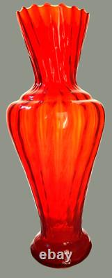 Vintage Mid-Century Modern Italian Red Opaline Ruffled Top Art Glass Vase 16'