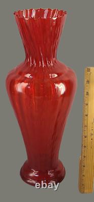 Vintage Mid-Century Modern Italian Red Opaline Ruffled Top Art Glass Vase 16'