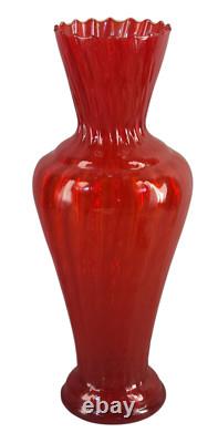 Vintage Mid-Century Modern Italian Red Opaline Ruffled Top Art Glass Vase 16'