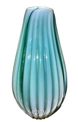 Vintage Murano Ferro Italarts Opalescent Turquoise Green Art Glass Ribbed Vase