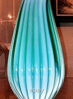 Vintage Murano Ferro Italarts Opalescent Turquoise Green Art Glass Ribbed Vase