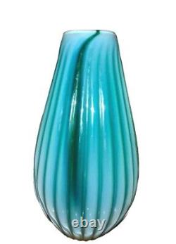 Vintage Murano Ferro Italarts Opalescent Turquoise Green Art Glass Ribbed Vase