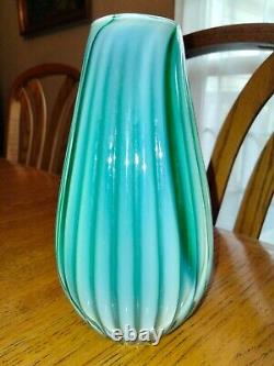 Vintage Murano Ferro Italarts Opalescent Turquoise Green Art Glass Ribbed Vase