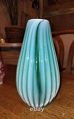 Vintage Murano Ferro Italarts Opalescent Turquoise Green Art Glass Ribbed Vase