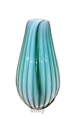 Vintage Murano Ferro Italarts Opalescent Turquoise Green Art Glass Ribbed Vase