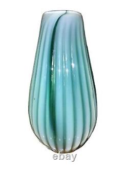 Vintage Murano Ferro Italarts Opalescent Turquoise Green Art Glass Ribbed Vase