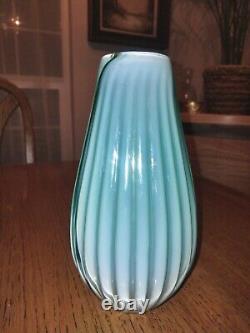 Vintage Murano Ferro Italarts Opalescent Turquoise Green Art Glass Ribbed Vase