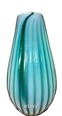 Vintage Murano Ferro Italarts Opalescent Turquoise Green Art Glass Ribbed Vase