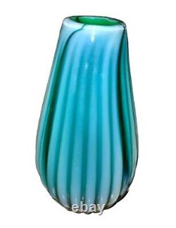 Vintage Murano Ferro Italarts Opalescent Turquoise Green Art Glass Ribbed Vase