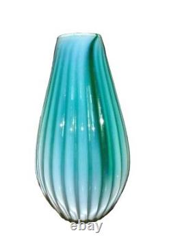 Vintage Murano Ferro Italarts Opalescent Turquoise Green Art Glass Ribbed Vase