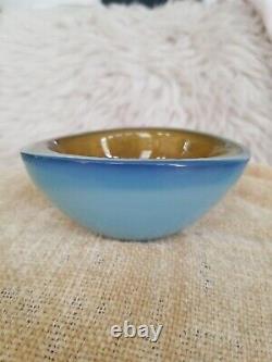 Vintage Murano Geode Art Glass Bowl Blue Opaline With Green Center