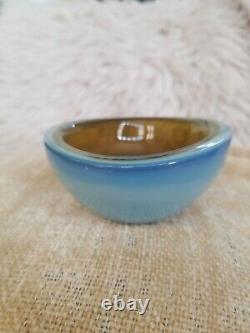 Vintage Murano Geode Art Glass Bowl Blue Opaline With Green Center