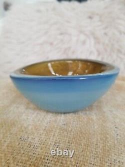 Vintage Murano Geode Art Glass Bowl Blue Opaline With Green Center