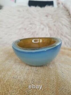 Vintage Murano Geode Art Glass Bowl Blue Opaline With Green Center