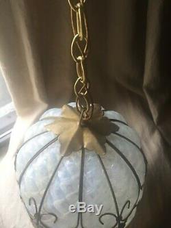 Vintage Murano Opalescent Art Glass Caged Light Fixture Pendant Lamp Chandelier