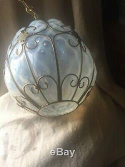 Vintage Murano Opalescent Art Glass Caged Light Fixture Pendant Lamp Chandelier