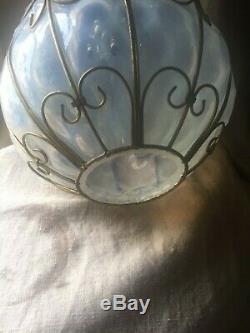 Vintage Murano Opalescent Art Glass Caged Light Fixture Pendant Lamp Chandelier