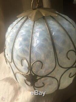 Vintage Murano Opalescent Art Glass Caged Light Fixture Pendant Lamp Chandelier