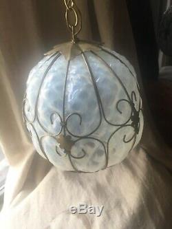 Vintage Murano Opalescent Art Glass Caged Light Fixture Pendant Lamp Chandelier