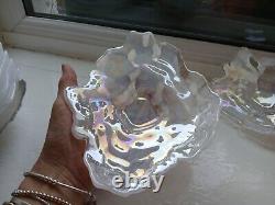 Vintage Opalescent Art Glass Oyster Dishes x 7, iridescent colours. Art Deco