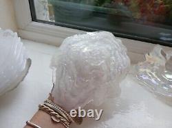 Vintage Opalescent Art Glass Oyster Dishes x 7, iridescent colours. Art Deco