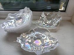 Vintage Opalescent Art Glass Oyster Dishes x 7, iridescent colours. Art Deco