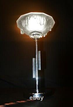 Vintage RARE 1930s L/E Art deco chrome lamp French opalescent icicles Ezon shade