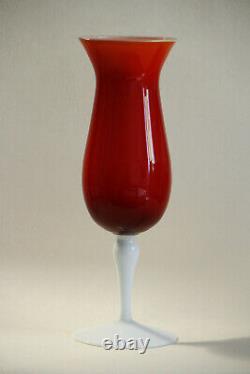 Vintage Ruby Red Cased Opaline Glass Footed Vase Chalice 60s Italy Empoli 9.8in