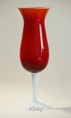 Vintage Ruby Red Cased Opaline Glass Footed Vase Chalice 60s Italy Empoli 9.8in