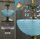 Vintage Swag Lamp Chandelier Murano Blue Opaline Bubble Art Glass Brass Crystal