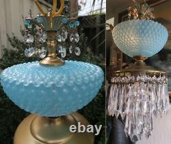 Vintage SWAG Lamp chandelier MURANO Blue Opaline Bubble Art Glass brass crystal