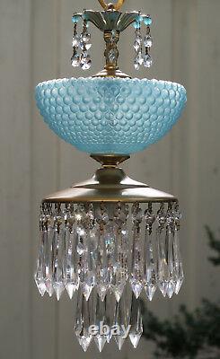 Vintage SWAG Lamp chandelier MURANO Blue Opaline Bubble Art Glass brass crystal