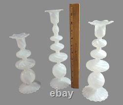 Vintage Set of Three Graduated Elegant White Opaline Art Glass Candlesticks