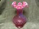 Vintage Tall 1970's Fenton Art Glass Cranberry Opalescent Hobnial Ruffled Vase