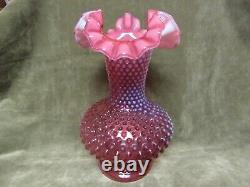 Vintage Tall 1970's Fenton Art Glass Cranberry Opalescent Hobnial Ruffled Vase