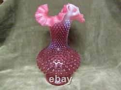 Vintage Tall 1970's Fenton Art Glass Cranberry Opalescent Hobnial Ruffled Vase