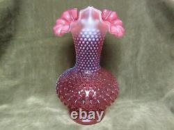 Vintage Tall 1970's Fenton Art Glass Cranberry Opalescent Hobnial Ruffled Vase