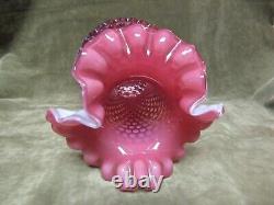 Vintage Tall 1970's Fenton Art Glass Cranberry Opalescent Hobnial Ruffled Vase