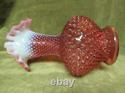 Vintage Tall 1970's Fenton Art Glass Cranberry Opalescent Hobnial Ruffled Vase