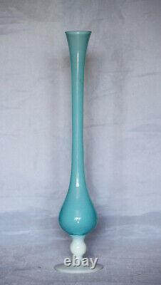 Vintage Tall Italian Blue Opaline Bud Stem Vase Italy 39cm 15.4in White Base