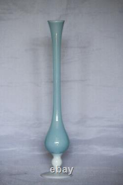 Vintage Tall Italian Blue Opaline Bud Stem Vase Italy 39cm 15.4in White Base